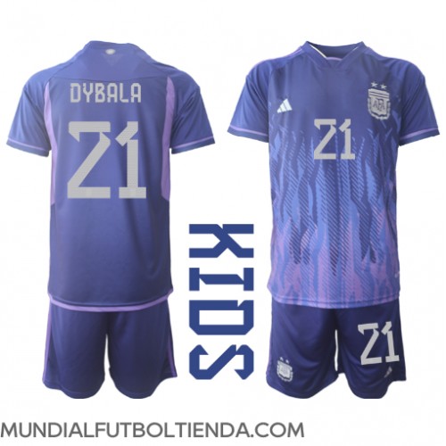 Camiseta Argentina Paulo Dybala #21 Segunda Equipación Replica Mundial 2022 para niños mangas cortas (+ Pantalones cortos)